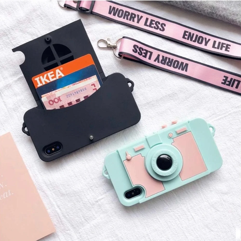 UnnFiko Wallet Case for iPhone 7 Plus/8 Plus Cute Camera Design with Strap NWOT